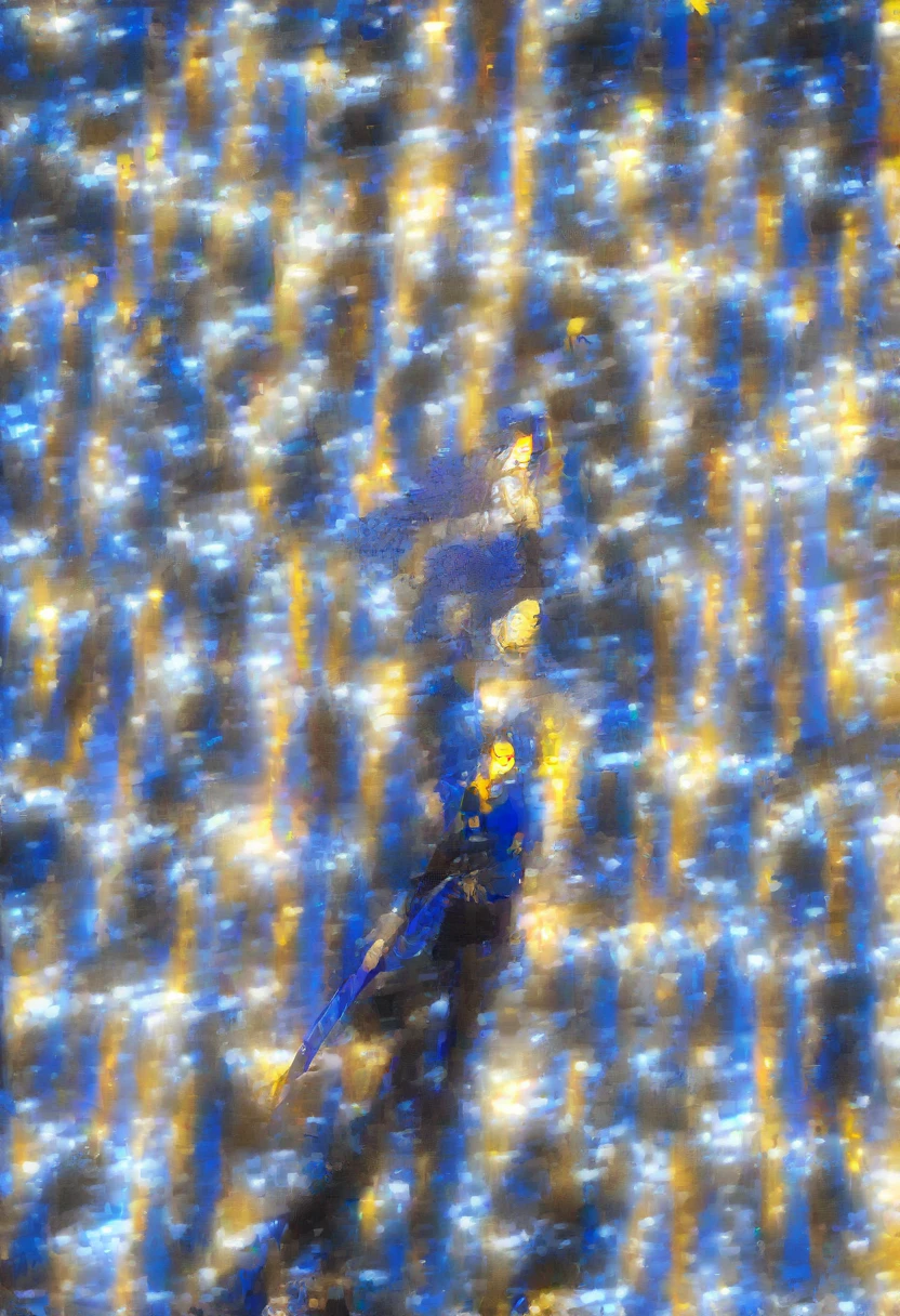 (One very tall, good looking woman,Navy Blue Hair,Her hairstyle is twin tails that expose her forehead., yellow eyes,Medium chest,Dynamic Angle Tall)Thick Black1Color ,Black trousers,The background is the busy Shibuya area at night,The woman is carrying a spear in one hand.