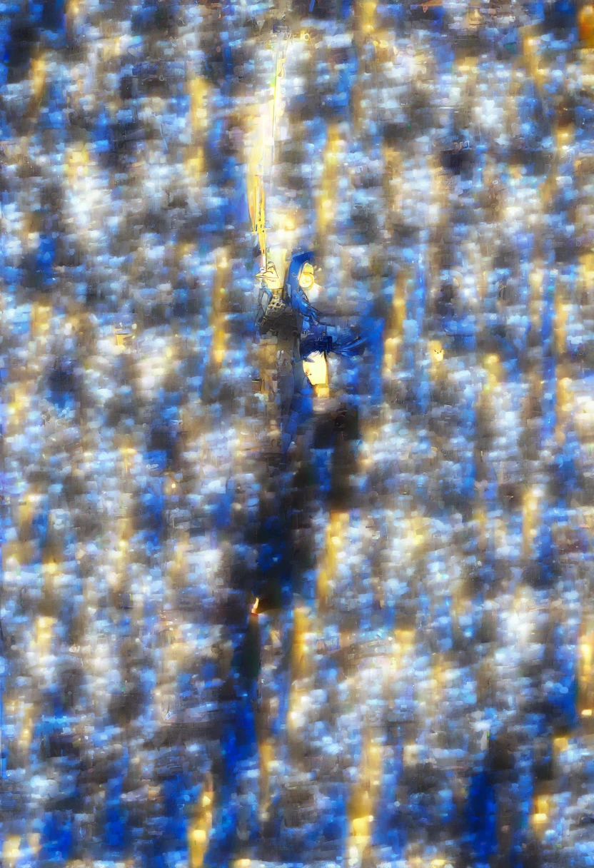 (One very tall, good looking woman,Navy Blue Hair,Her hairstyle is twin tails that expose her forehead., yellow eyes,Medium chest,Dynamic Angle Tall)Thick Black１Color ,Black trousers,The background is the busy Shibuya area at night,The woman is carrying a spear in one hand.