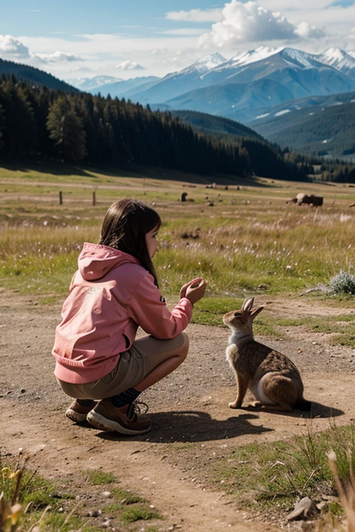 A five-year-old girl talks to a hare while squatting in the forest.. mountains and clouds are visible in the distance.