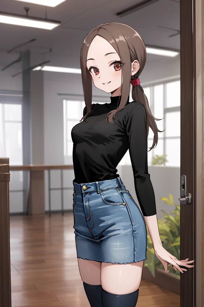 masterpiece, best quality, ultra highres, 1girl, ), long hair, low ponytail, , plain black shirt, long sleeves, miniskirt,thighhighs,(petite:1.2), jeans, indoors, 
skinny arms, slim body, skinny girl, skinny hips, narrow torso, thin torso,looking viewr,smile,medium breasts