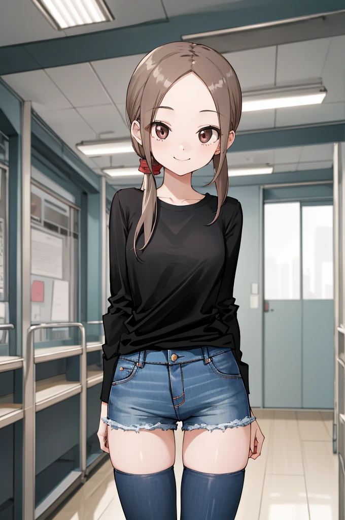 masterpiece, best quality, ultra highres, 1girl, ), long hair, low ponytail, , plain black shirt, long sleeves, miniskirt,thighhighs,(petite:1.2), jeans, indoors,
skinny arms, slim body, skinny girl, skinny hips, narrow torso, thin torso,looking viewr,smile,medium breasts