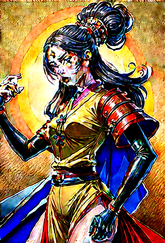 a picture of Japanese female samurai, she has long black hair, wearing samurai armor, armed with a katana, ready for battle, dynamic angle,, Japanese fantasy art, (Masterpiece: 1.5), 16k, highres, best quality, high details, ultra detailed, masterpiece, best quality, (extremely detailed), arafed, dnd art, JapaneseKatana, wtrcolor style