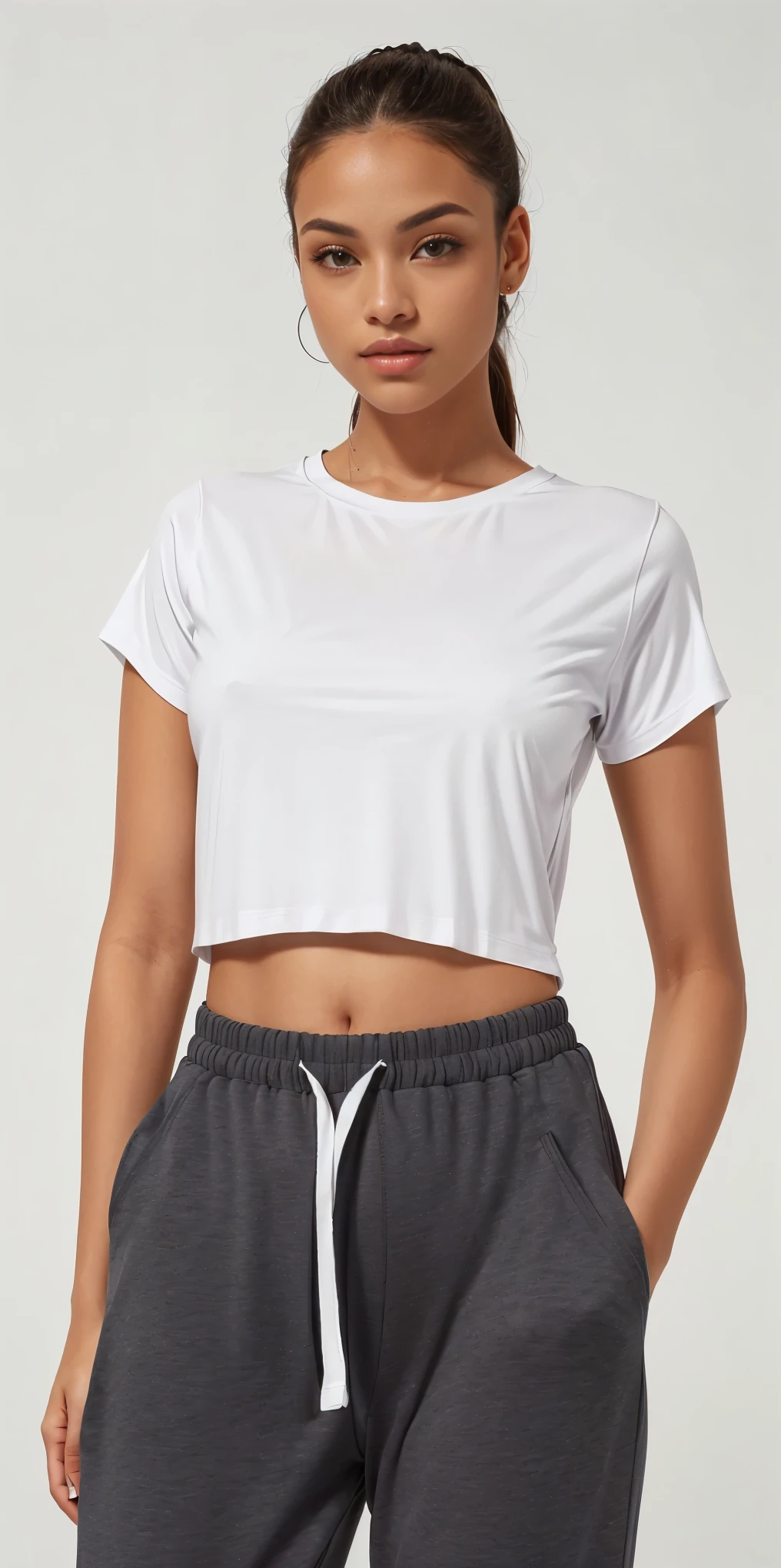 a woman wearing a white corte superior and grey sweatpants, corte superior, corte superior, com camiseta rasgada, wearing corte superior, vestindo um top cortados, barriga exposta, vestindo um top cortado, Topo branco, camiseta branca, usando um top cropped sexy, plain camiseta branca, Roupa casual, wearing a corte superior, vestido com uma camiseta branca