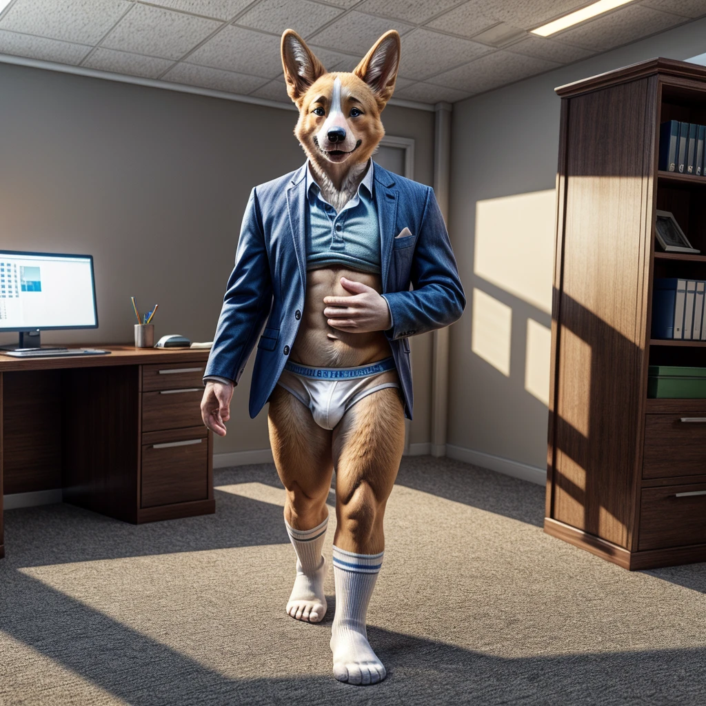 dad male corgi with small human blue eyes, no eyebrows, office suit, no pants white briefs ,white ankle socks , removing shirt , highly detailed lineart, realistic feet, 4k, best quality, masterpiece, studio lighting, vivid colors, physically-based rendering, white hands five finger, hugging
