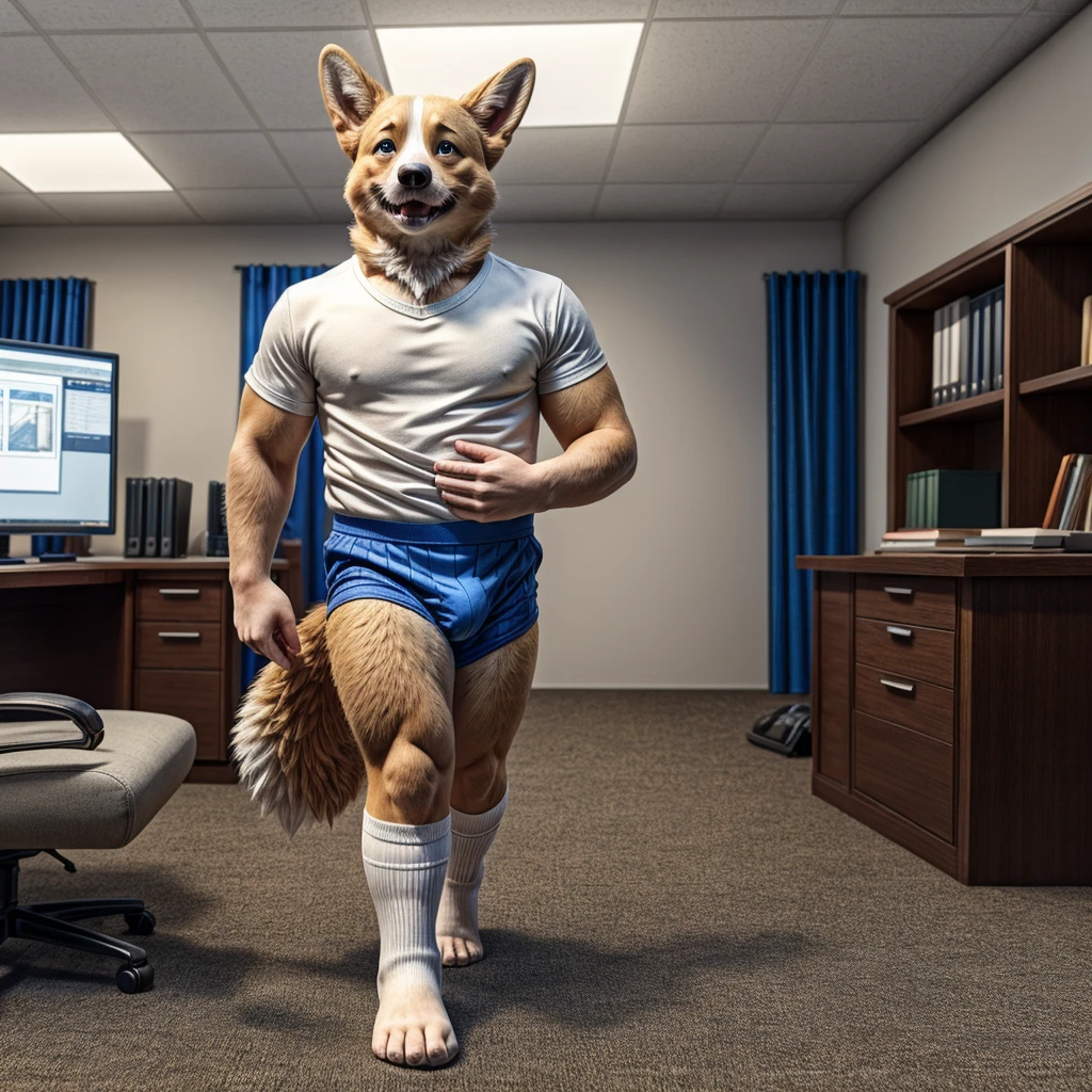 dad male corgi with small human blue eyes, no eyebrows, office suit, no pants white briefs ,white ankle socks , removing shirt , highly detailed lineart, realistic feet, 4k, best quality, masterpiece, studio lighting, vivid colors, physically-based rendering, white hands five finger, hugging