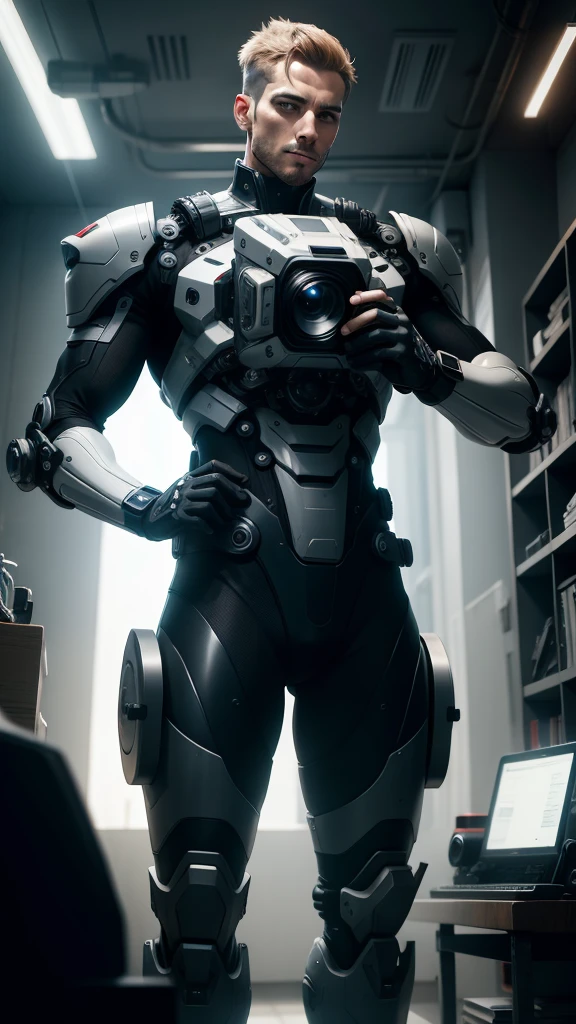 a man building a small drivable robot with a camera, intricate mechanical details, high-tech components, futuristic design, sleek and modern, advanced robotics, precise engineering, innovative technology, highly detailed, photorealistic, 8k, masterpiece, cinematic lighting, sci-fi, industrial, cold metallic tones