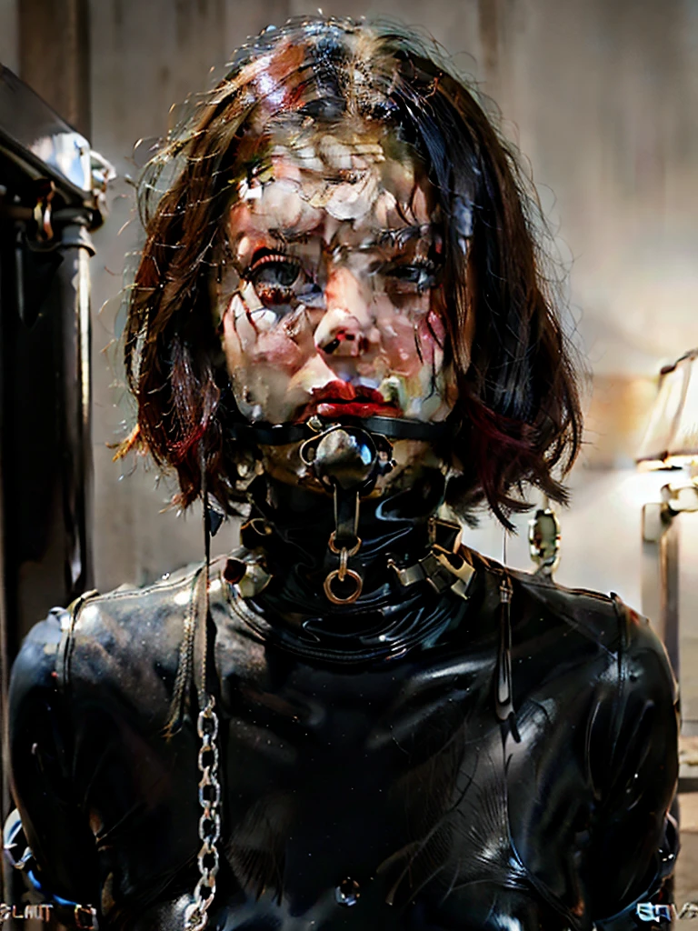 black full latex face mask, (Selena Gomez, bdsm, bondage, muzzle covering mouth, drool dripping, drool dangling, breathplay), 8k, realistic, drooling, pleading eyes, dripping wet, waiting to be tortured, cleavage, muzzle harness, drool all over face, drool all over breasts, breath control, muzzled, sweating, exact likeness