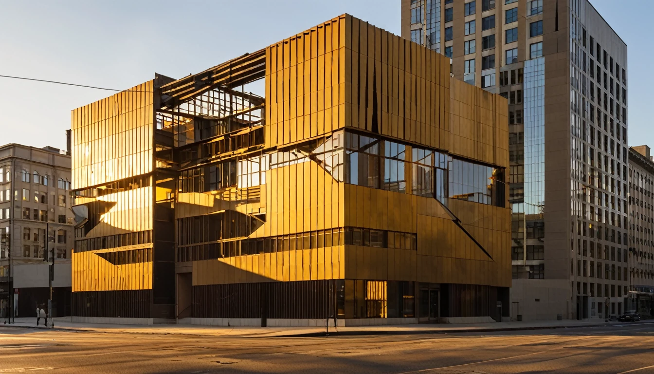 A deconstructivist building in the early morning, with the rising sun casting warm, golden light that highlights the building's geometric forms and casts intricate shadows, inviting the viewer to pause and reflect on the interplay between the individual and their architectural surroundings.