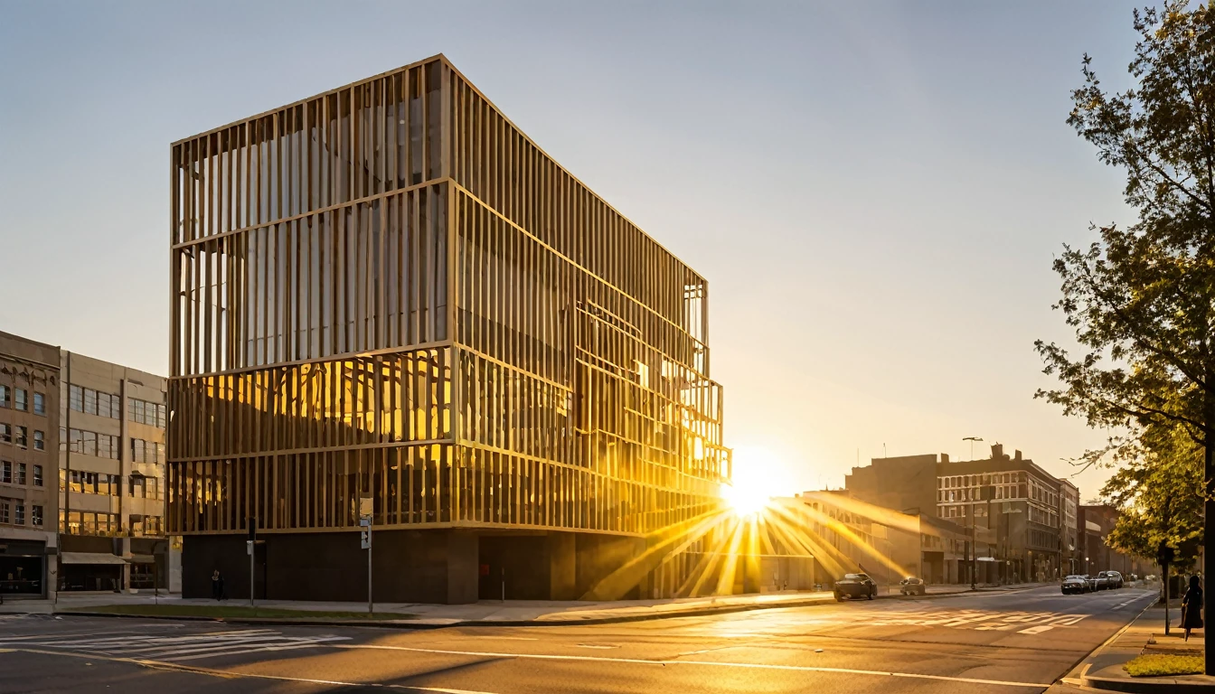A deconstructivist building in the early morning, with the rising sun casting warm, golden light that highlights the building's geometric forms and casts intricate shadows, inviting the viewer to pause and reflect on the interplay between the individual and their architectural surroundings.