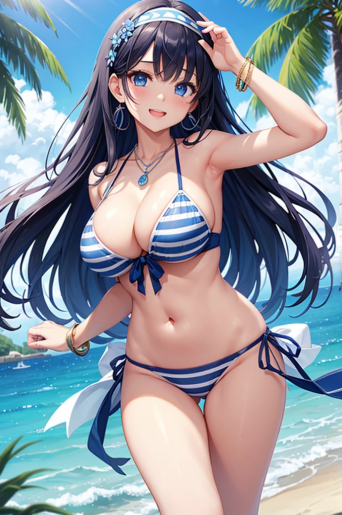 Highest quality、Highest quality、masterpiece、Beauty、Navy blue long hair、blue eyes、Sexy white bikini(Dark striped pattern)、Big cleavage、(Big Breasts),smile、blue necklace、Blue Earrings、background(Beach)、Please open your mouth wide、White headband、bracelet、A dynamic pose