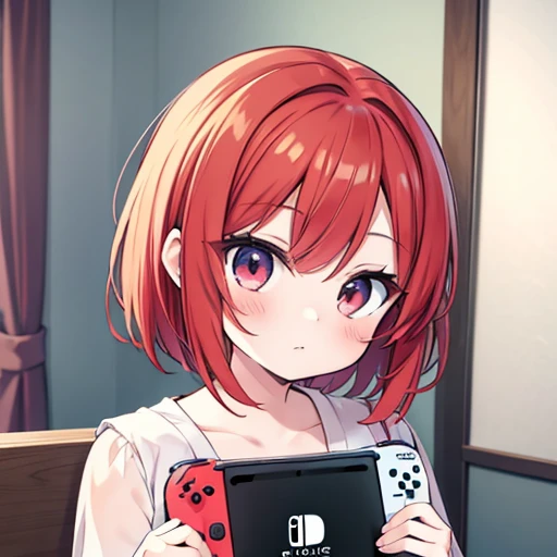 Anime girl, short red hair, playing Nintendo Switch, anime drawing by Ai-Mitsu, pixiv, conceptual art, cute, anime, cute girl anime visuals, beautiful anime, anime girl, very beautiful anime, cute realistic portrait, cute anime style
