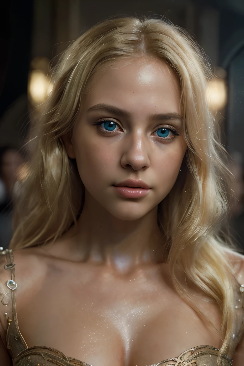 A highly detailed and beautiful girl, masterpiece, best quality, ultra detailed, world theater, extremely detailed, 1 girl, blonde hair, high resolution, illustration, looking at viewer, oil painting, realistic, photorealistic, cinematic lighting, dramatic lighting, intricate details, volumetric lighting, depth of field, cinematic composition, dramatic atmosphere, emotional expression, elegant pose, beautiful eyes, beautiful lips, beautiful skin, flawless complexion
