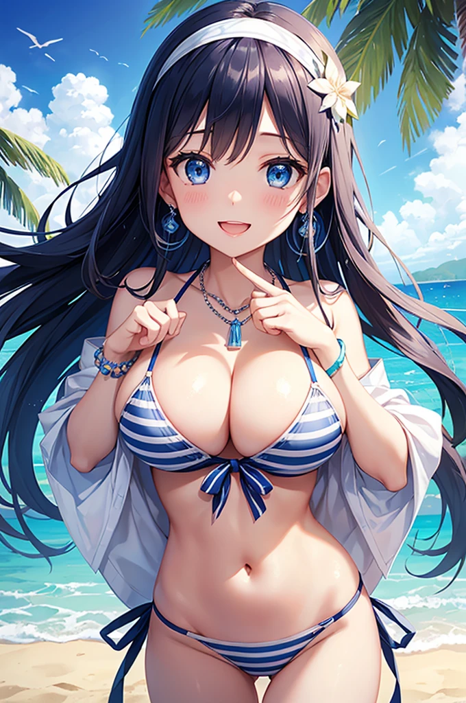 Highest quality、Highest quality、masterpiece、Beauty、Navy blue long hair、blue eyes、Sexy white bikini(Dark striped pattern)、Big cleavage、(Big Breasts),smile、blue necklace、Blue Earrings、background(Beach)、Please open your mouth wide、White headband、bracelet、A dynamic pose