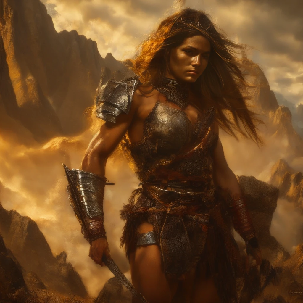 The protagonist, a fearless warrior, stands in a dominant posture, her unwavering gaze piercing through the camera lens. In this breathtaking painting, she exudes strength and determination, with muscles taut and hair flowing in the wind. His battle-worn armor shines in the sunlight, reflecting the scars of countless victories. The detailed brushstrokes capture every nuance of her expression, from the steely determination in her eyes to the resolute set of her jaw. This stunning portrait immerses viewers in the protagonist's unwavering determination, showing the essence of a true hero.