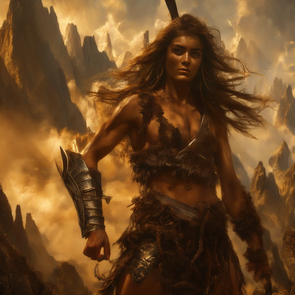 The protagonist, a fearless warrior, stands in a dominant posture, her unwavering gaze piercing through the camera lens. In this breathtaking painting, she exudes strength and determination, with muscles taut and hair flowing in the wind. His battle-worn armor shines in the sunlight, reflecting the scars of countless victories. The detailed brushstrokes capture every nuance of her expression, from the steely determination in her eyes to the resolute set of her jaw. This stunning portrait immerses viewers in the protagonist's unwavering determination, showing the essence of a true hero.