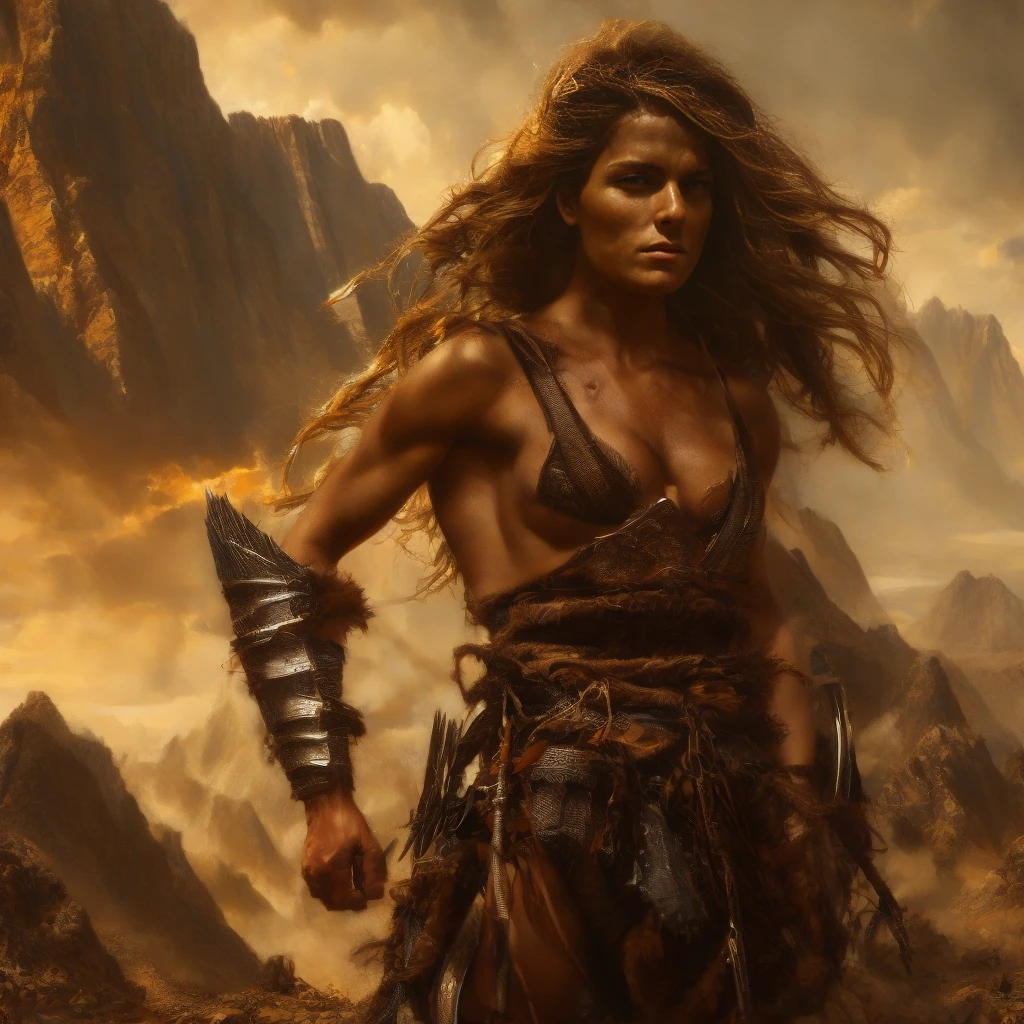 The protagonist, a fearless warrior, stands in a dominant posture, her unwavering gaze piercing through the camera lens. In this breathtaking painting, she exudes strength and determination, with muscles taut and hair flowing in the wind. His battle-worn armor shines in the sunlight, reflecting the scars of countless victories. The detailed brushstrokes capture every nuance of her expression, from the steely determination in her eyes to the resolute set of her jaw. This stunning portrait immerses viewers in the protagonist's unwavering determination, showing the essence of a true hero.