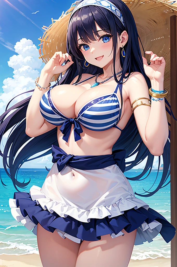 Highest quality、Highest quality、masterpiece、Beauty、Navy blue long hair、blue eyes、Sexy white bikini(Dark striped pattern)、Big cleavage、(Big Breasts),smile、blue necklace、Blue Earrings、background(Beach)、Please open your mouth wide、White headband、bracelet、A dynamic pose