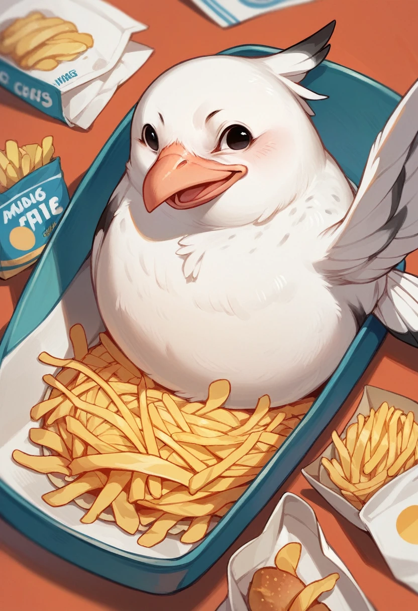 seagull, fries,(no humans), Seagull and Fries