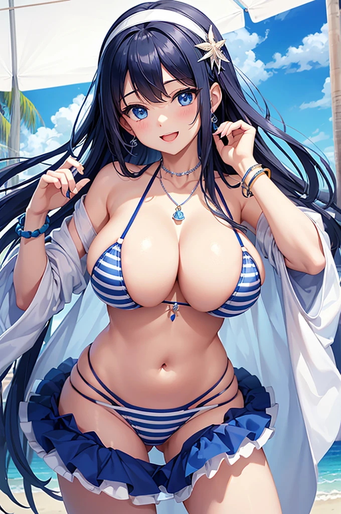 Highest quality、Highest quality、masterpiece、Beauty、Navy blue long hair、blue eyes、Sexy white bikini(Dark striped pattern)、Big cleavage、(Big Breasts),smile、blue necklace、Blue Earrings、background(Beach)、Please open your mouth wide、White headband、bracelet、A dynamic pose