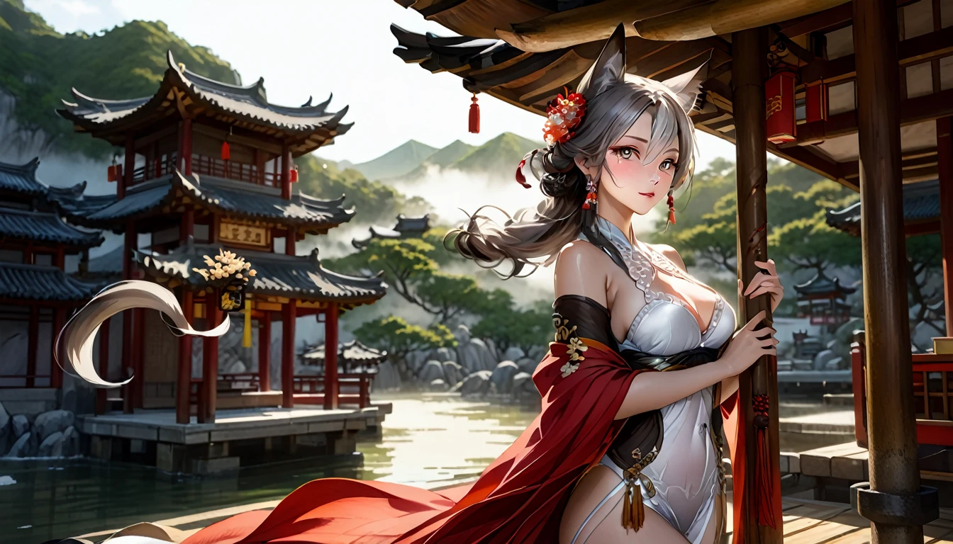 长发动漫女孩和fox, Beautiful red fox lady, 白毛fox, Beautiful character painting, Beautiful anime portrait, fox耳朵的女孩, a beautiful fox woman, Ancient mysterious style artwork, guweiz, by Ren Renfa, fox, Large Breasts，Full breasts，Golden ratio figure，Perfect body，Ultra wide-angle shooting，Full body shot，Body close-up，Look at the audience，Wearing a tulle bikini，Soft anime illustration, Soft dark background，Fujifilm XT3 Clear focus, f 5.6, High Detail, Clear focus, Dramatic, (Wearing openwork clothing), (Looking at the audience:1.8), (Natural light), (Tempting)