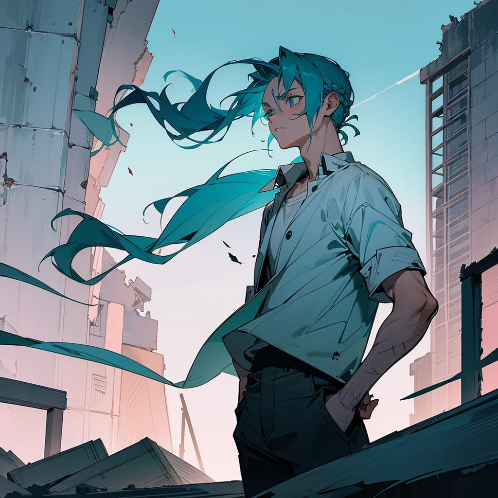 1male, young adult, finely detailed aqua eyes, dirty pale blue hair, braided side ponytail, scars, casual clothing, standing on ruined building, night time, serious expression, muscular 