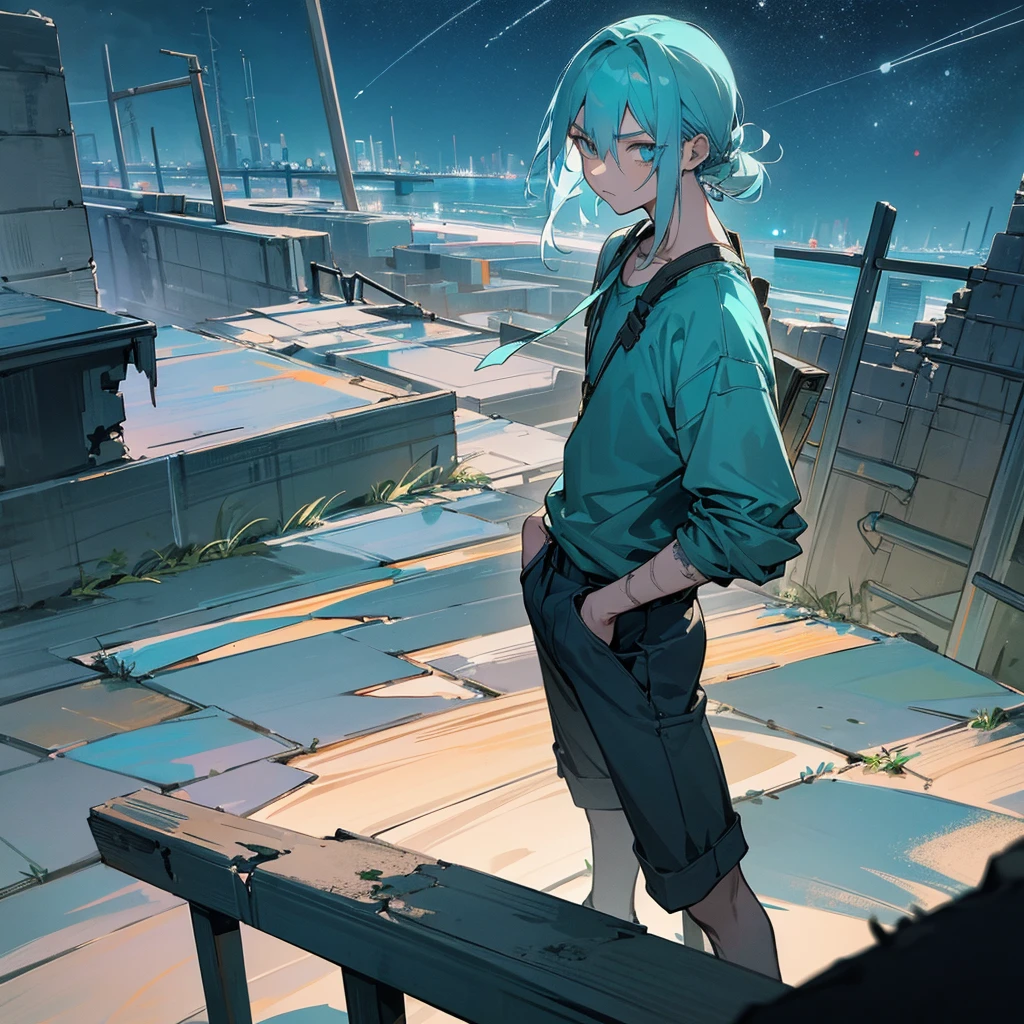 1male, young adult, finely detailed aqua eyes, dirty pale blue hair, braided side ponytail, scars, casual clothing, standing on ruined building, night time, serious expression, muscular