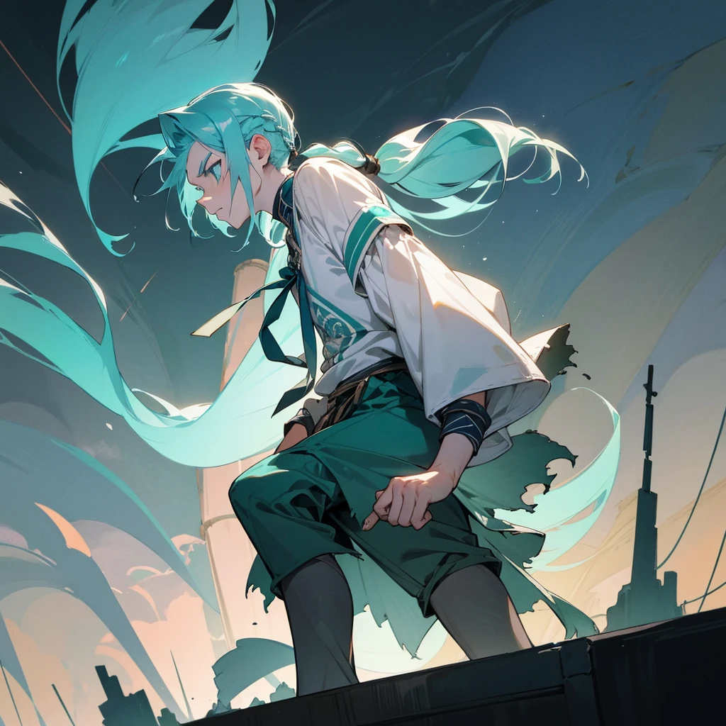 1male, young adult, finely detailed aqua eyes, dirty pale blue hair, braided side ponytail, scars, casual clothing, standing on ruined building, night time, serious expression, muscular