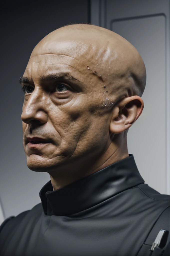 Bald man in black leather imperialofficer uniform without a hat facing to the right, looking past the viewer with an angry expression, 8k uhd, dslr, soft lighting, high quality, film grain, masterpiece quality, Fujifilm