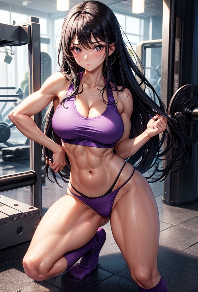 beautiful girl、Big Breasts、Black Hair、Long Straight、Great style、Nice body、Abdominal muscleuscular、Training Gym、Sports Bra、Light purple bra top、Cleavage、Light purple bikini pants、Beautiful buttocks、Toned Legs、Are standing、The whole body is visible、Sweaty skin、Training socks、One girl、I'm doing squats