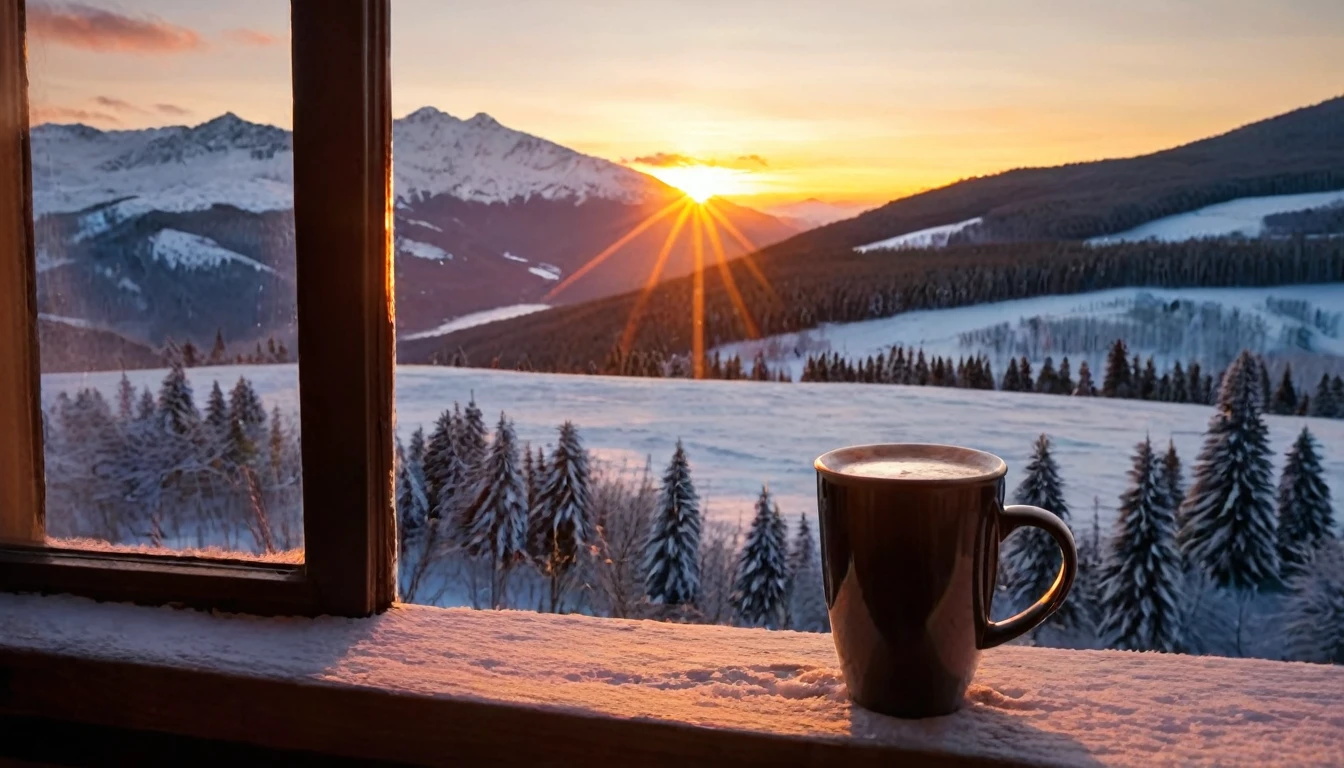 1 cup of hot coffee in the foreground, sunset, winter mountain landscape in the background as window view