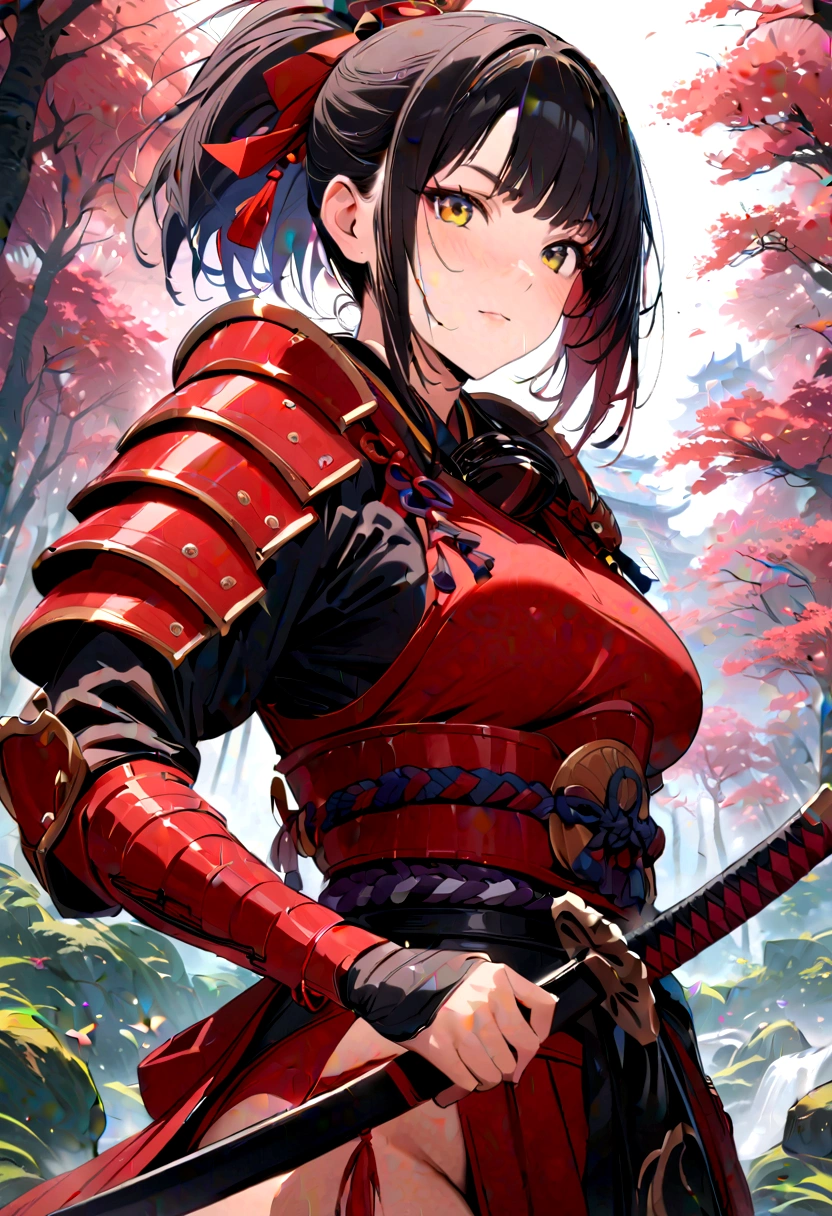 a picture of Japanese female samurai, she has long black hair, wearing samurai armor, armed with a katana, ready for battle, dynamic angle,, Japanese fantasy art, (Masterpiece: 1.5), 16k, highres, best quality, high details, ultra detailed, masterpiece, best quality, (extremely detailed), arafed, dnd art, JapaneseKatana, wtrcolor style