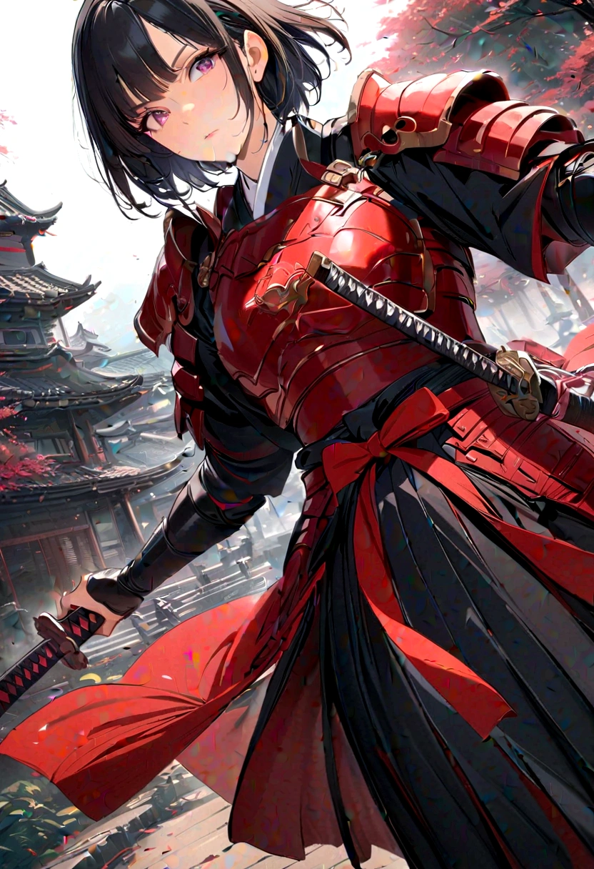 a picture of Japanese female samurai, she has long black hair, wearing samurai armor, armed with a katana, ready for battle, dynamic angle,, Japanese fantasy art, (Masterpiece: 1.5), 16k, highres, best quality, high details, ultra detailed, masterpiece, best quality, (extremely detailed), arafed, dnd art, JapaneseKatana, wtrcolor style