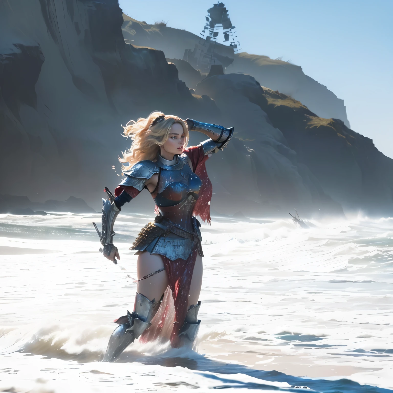 woman in a dress standing in the surf on a beach, margot robbie on the beach, wearing a a red armor chest plate, with an epic sword, with a background of a bloody battle scene with tens of warriors fighting 
