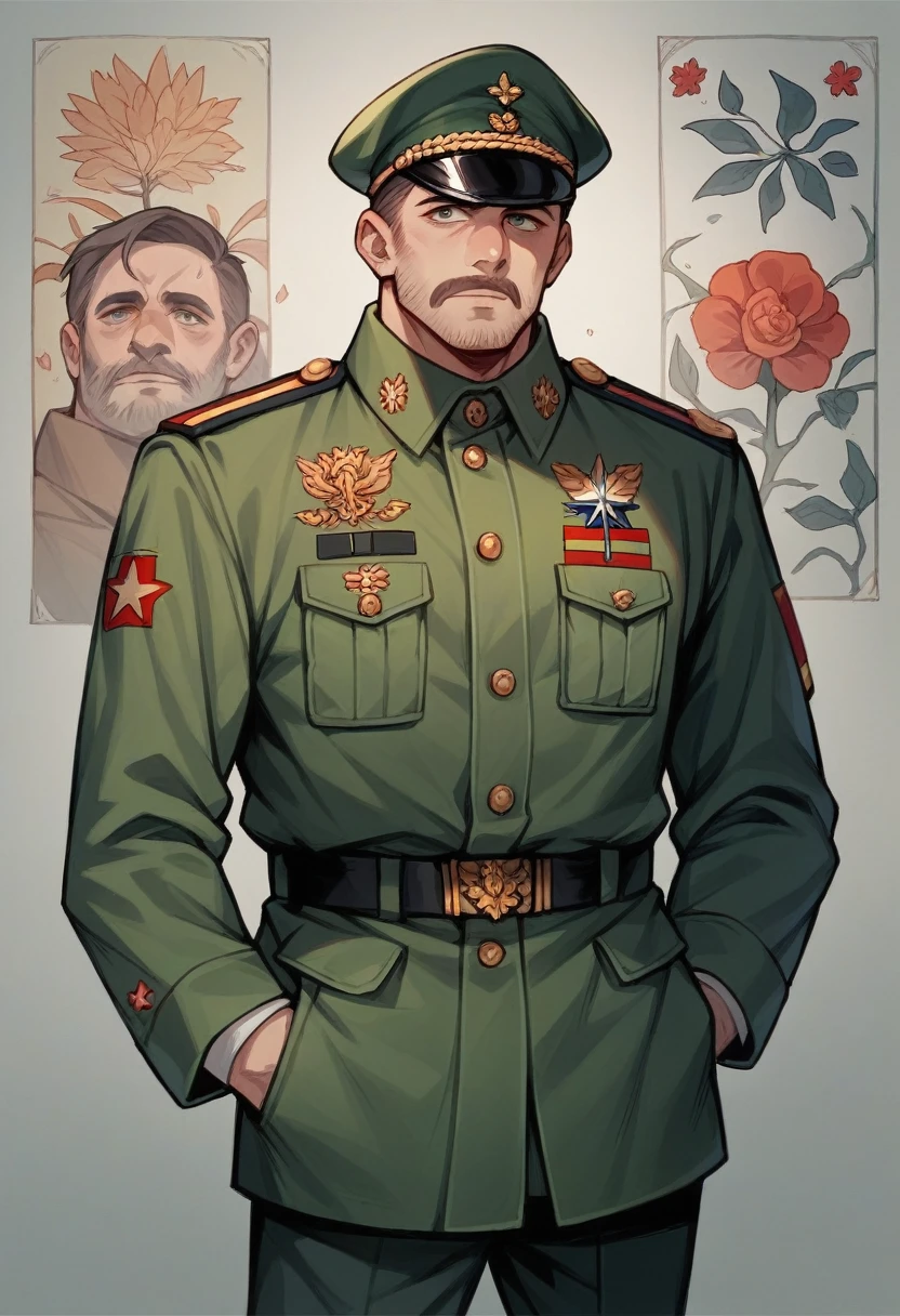 A poster written in Russian recruiting Russian volunteers for the German Wehrmacht.,The photo shows a Russian man in a grey German military uniform.