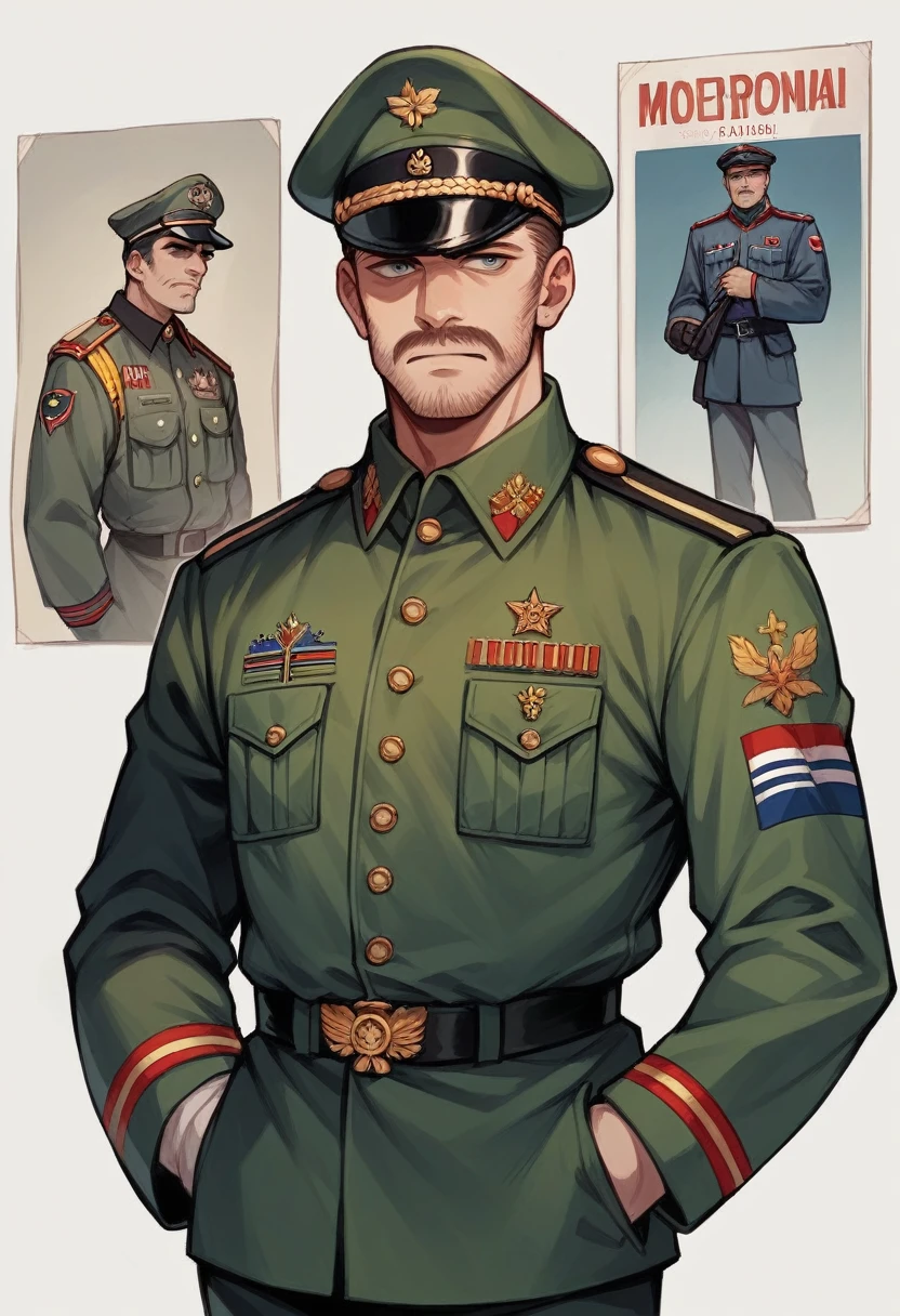 A poster written in Russian recruiting Russian volunteers for the German Wehrmacht.,The photo shows a Russian man in a grey German military uniform.