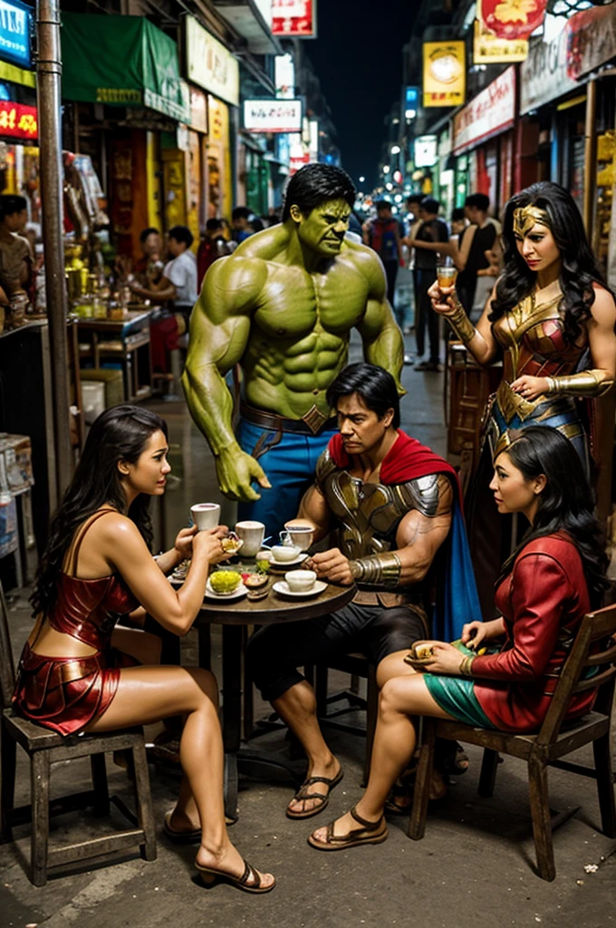 Supper man, Hulk, Thor and wonder woman are sitting and drinking tea in Vietnam street