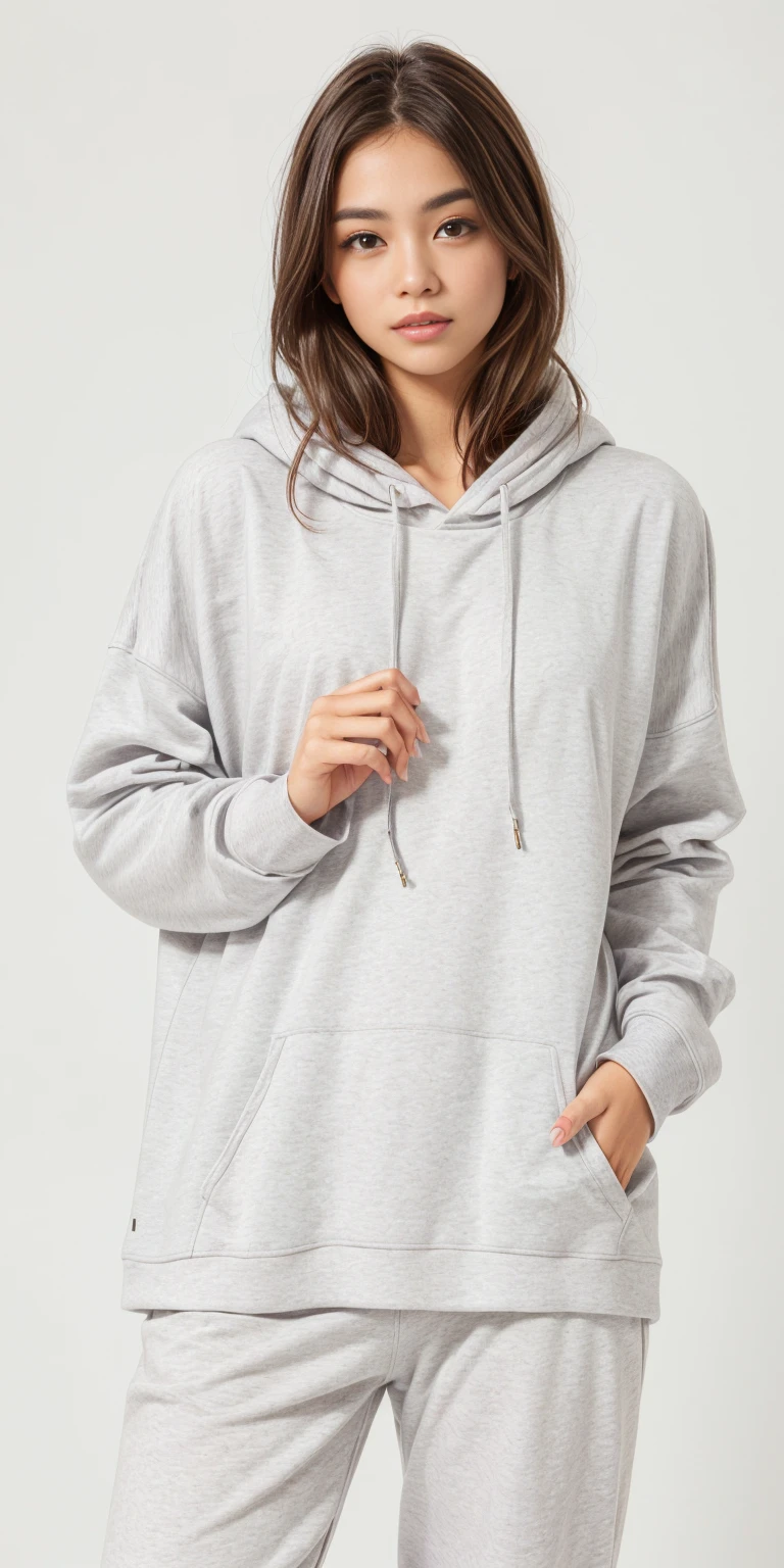 a woman in a grey capuz and sweatpants stands in front of a white background, grey capuz, wearing capuz, gray capuz, oversized capuz, capuz, vestindo um moletom cinza com capuz, wearing a capuz, wearing an oversized capuz, light grey capuz opened, vestindo moletom, Hodie Mihi Cras Tibi, grey capuz opened, in a capuz