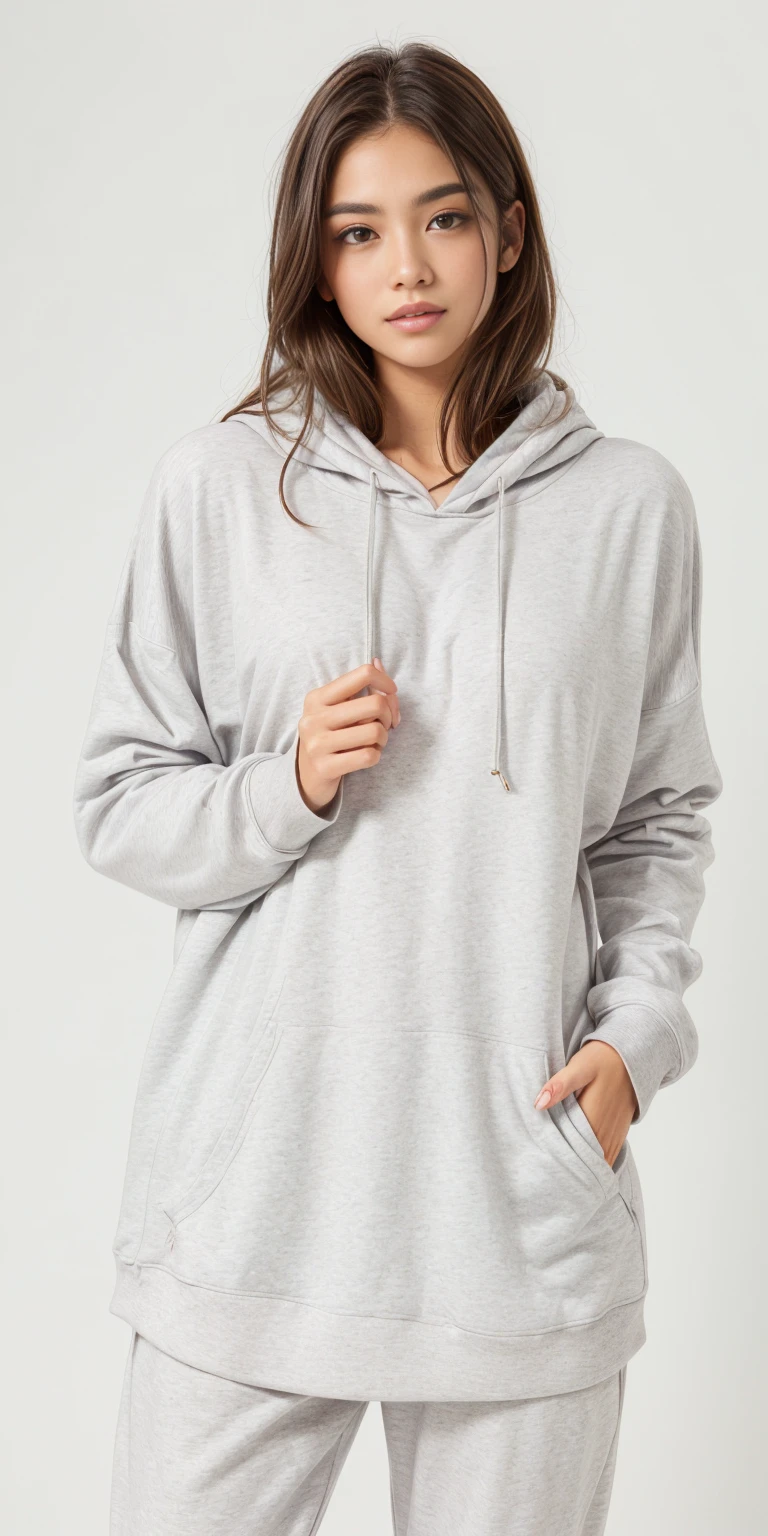 a woman in a grey capuz and sweatpants stands in front of a white background, grey capuz, wearing capuz, gray capuz, oversized capuz, capuz, vestindo um moletom cinza com capuz, wearing a capuz, wearing an oversized capuz, light grey capuz opened, vestindo moletom, Hodie Mihi Cras Tibi, grey capuz opened, in a capuz