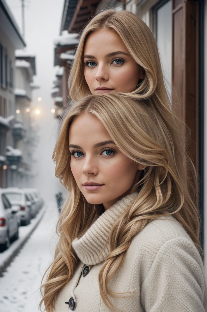 proFessional portrait photograph oF a gorgeous Norwegian girl in winter clothing with long wavy blonde hair, sultry Flirty look, gorgeous symmetrical Face, lindo maquillaje natural, wearing elegant warm winter Fashion clothing, ((parado afuera en una calle nevada de la ciudad)), impresionante entorno urbano moderno, ultra realista, arte conceptual, elegant, muy detallado, Intrincado, sharp Focus, depth oF Field, F/1. 8, 85mm, Tiro medio, plano medio, (((proFessionally color graded))), bright soFt diFFused light, (volumetric Fog), tendencia en instagram, hdr 4k, 8k