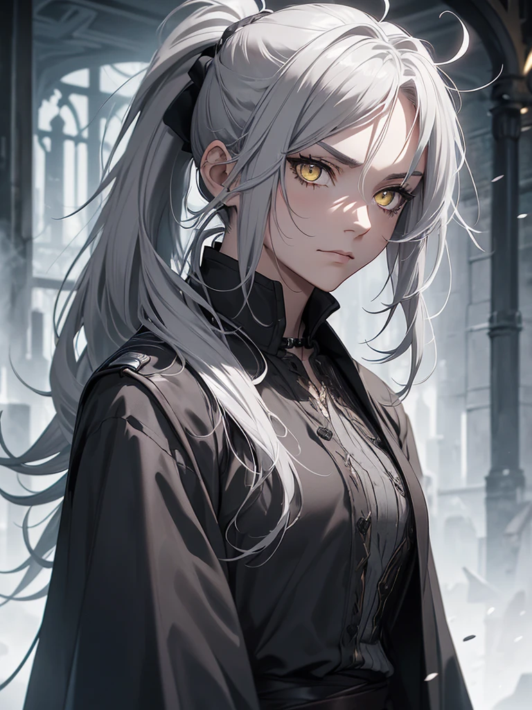Epic, portrait, fantasy, adult Woman, warrior, (solo-girl), long gray hair, (messy hair:1.3), (ponytail:1.3), yellow eyes, narrow eyes, gray medieval overcoat, black shirt, slight smile, gray skies in the background, aesthetic, sombre, melancholy