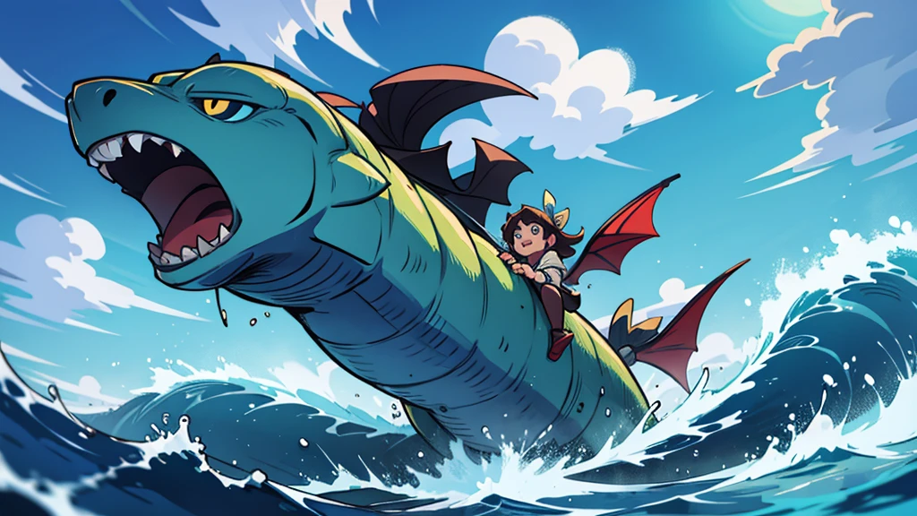 4k ultra high definition, high quality, best quality, a water elemental sea serpent leviathan riding a really high wave