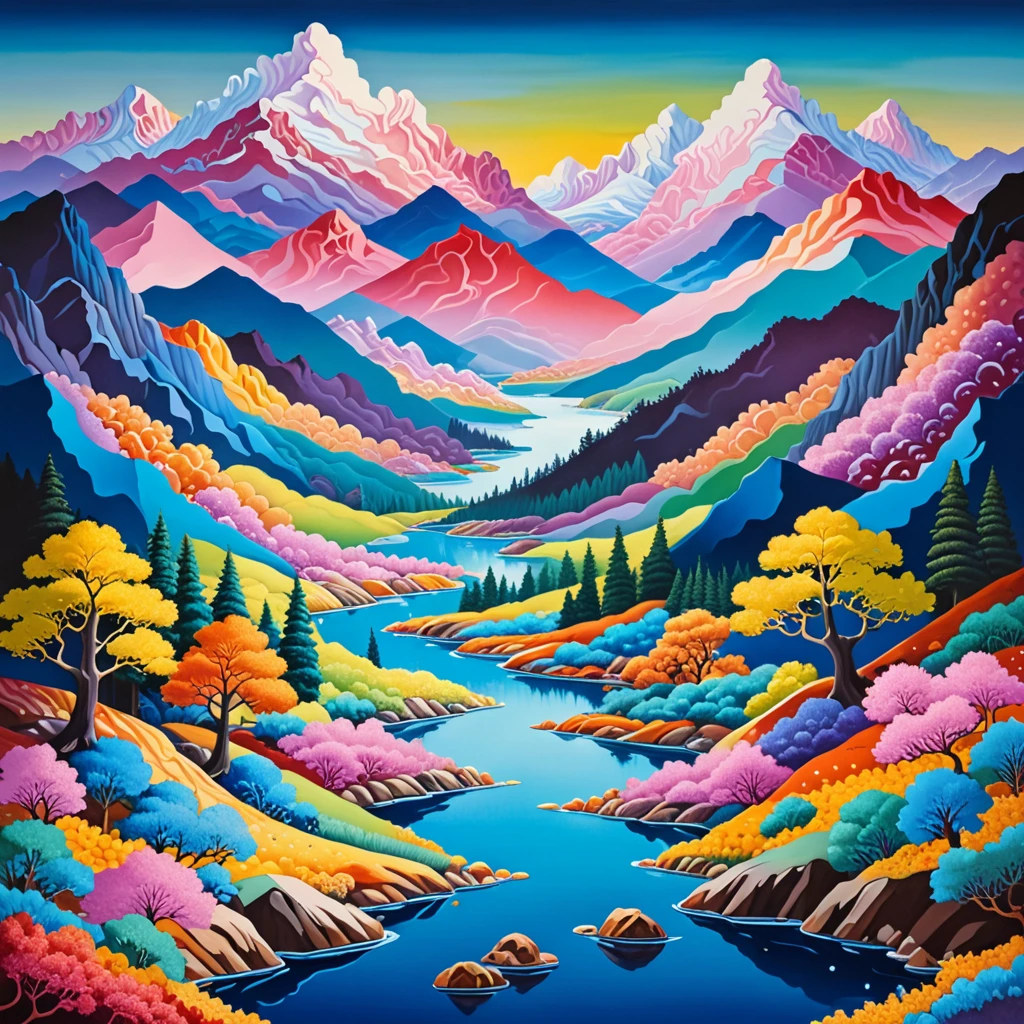 painting of a river with mountains and trees in the background, a surrealist painting inspired by Tomokazu Matsuyama, tumblr, metaphysical painting, painting of a dreamscape, a surreal dream landscape, in a surreal dream landscape, hyperreal phantastic landscape, surrealist landscape painting, surreal landscape, psychedelic landscape, jane newland, jim warren, surreal painting