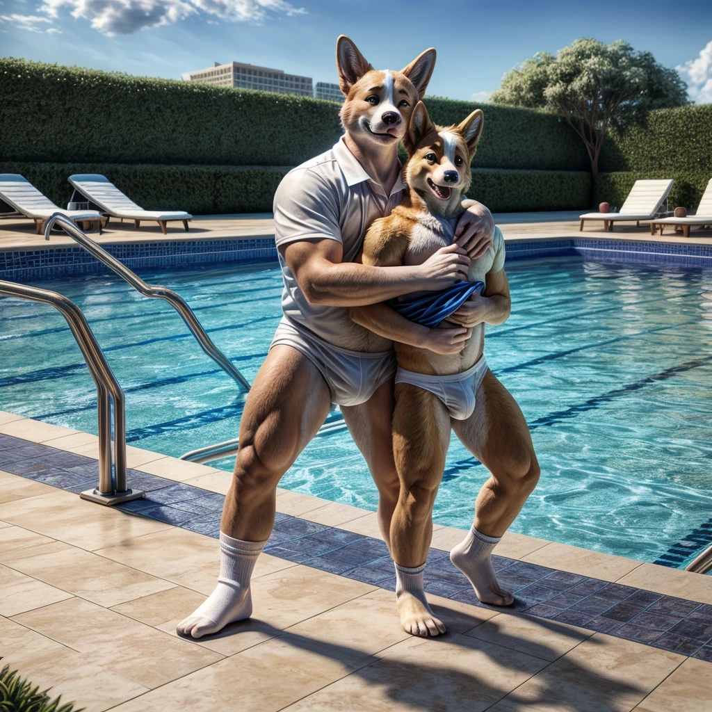 dad male corgi with small blue eyes, no eyebrows, office suit, no pants white briefs ,white ankle socks , removing shirt , highly detailed lineart, realistic feet, 4k, best quality, masterpiece, swimming pool, vivid colors, physically-based rendering, white hands five finger, hugging