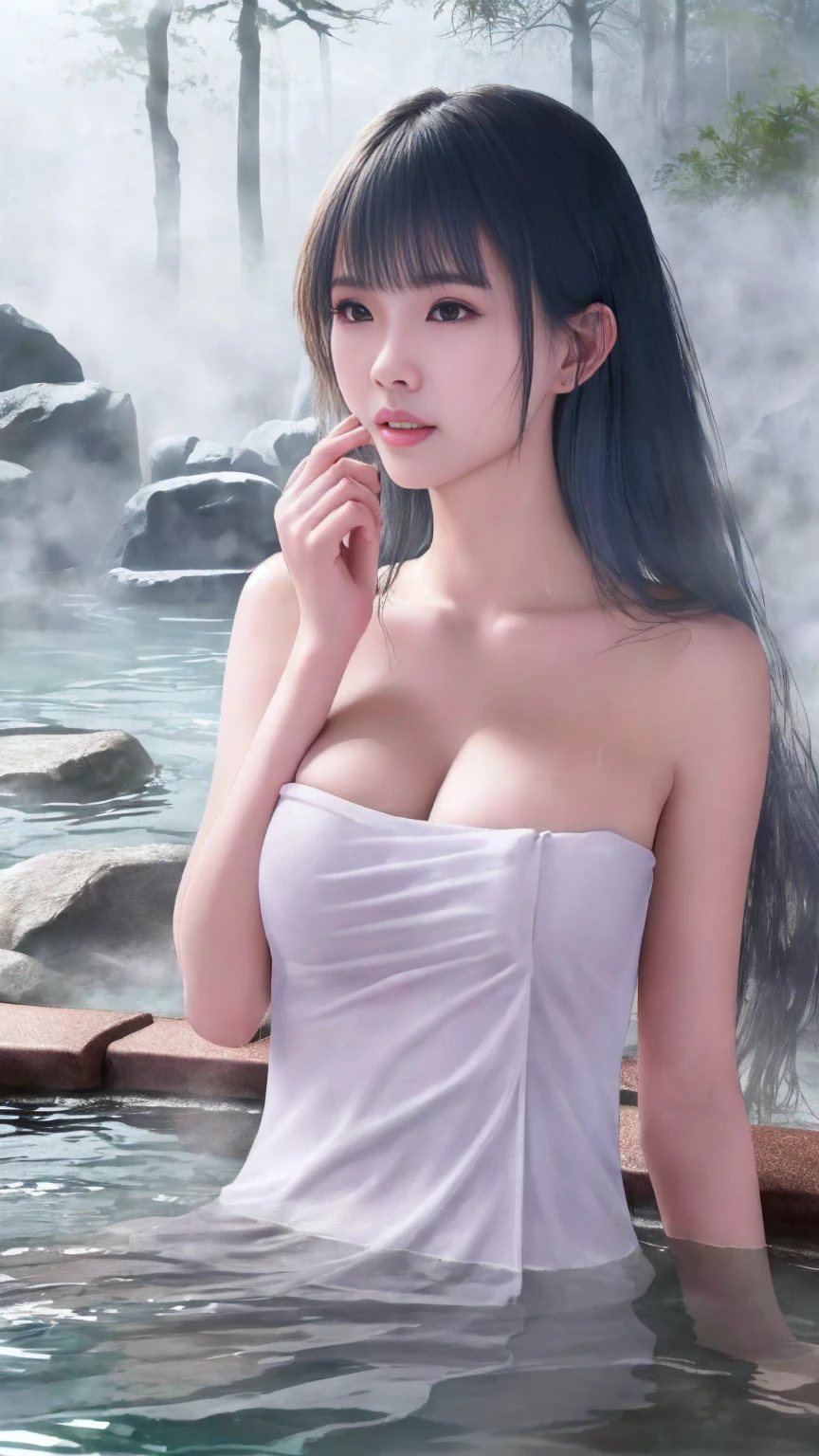 最high quality、high quality、Best image quality、8k、最High resolution、High resolution、最high quality、masterpiece、Detailed and realistic human body、Detailed and realistic skin、Realistic face in every detail、Realistic reproduction of every detail、Detailed and realistic lips、Detailed and realistic teeth、Detailed and realistic ears、Detailed and realistic hair、Detailed and realistic weapons、Realistic reproduction of every detail、Realistic fingers in every detail、(Beautiful Hands、thumb１reference４)、Realistic feet down to the last detail、((Beautiful Japanese Girl))、(Japanese Model), (Japanese women)、((18 year old beautiful girl))、(Black Hair)、(Random hairstyle)、((whole body))、((Beautiful upward-facing breasts))、(Slim and perfect figure)、(whole body光沢肌、Fair skin)、((A white towel is wrapped around the body))、((Thin towel(Her skin is visible through the wet towel))、(Soft natural light)、((Deep in the forest(Natural hot springs gush out))、((Hot springs surrounded by rocks))、((deep bathtub(deep hot spring))、((Onsen Girls))、((Enter the hot spring))、((A woman warming herself in a hot spring))、((Relax in the hot springs))、((Immerse in water(Girl flying underwater))、((Immerse in water(Girl floating on water))、((A lot of steam rises from the hot spring....))、((Extremely clear hot spring water))、((The main body seen from the water surface))