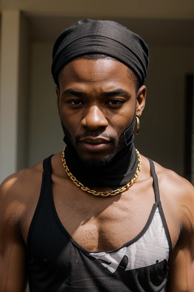 BLACK MAN, BLACK BANDANA, WHITE TANK TOP, GOLD CHAIN, FACE FRONT, BRIGHT FACE, BLACK MAN