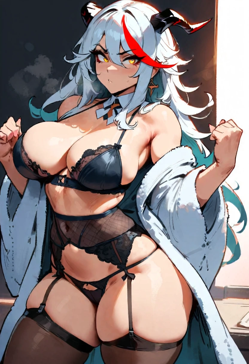 1girl, aegir \(azur lane\), azur lane \\\\\ masterpiece, best quality, very aesthetic, absurdres, newest \\\\\\ sportive body, perfect breasts \\\\\\ by nyantcha,,by cutesexyrobutts,by khyle ///// , , , silvery white hair with a single prominent red streak , black horns, , , yellow eyes, ,, ,,,, ,,serious, , white background, standing,, ,lingerie garter belt,, black openwork bra,big tits, Hands in fists, stockings, nothing extra on the neck, wearing a bathrobe