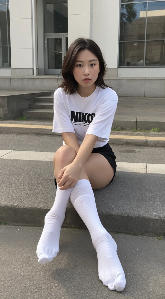 The color of the socks is all white high socks. The socks have a black Nike logo.