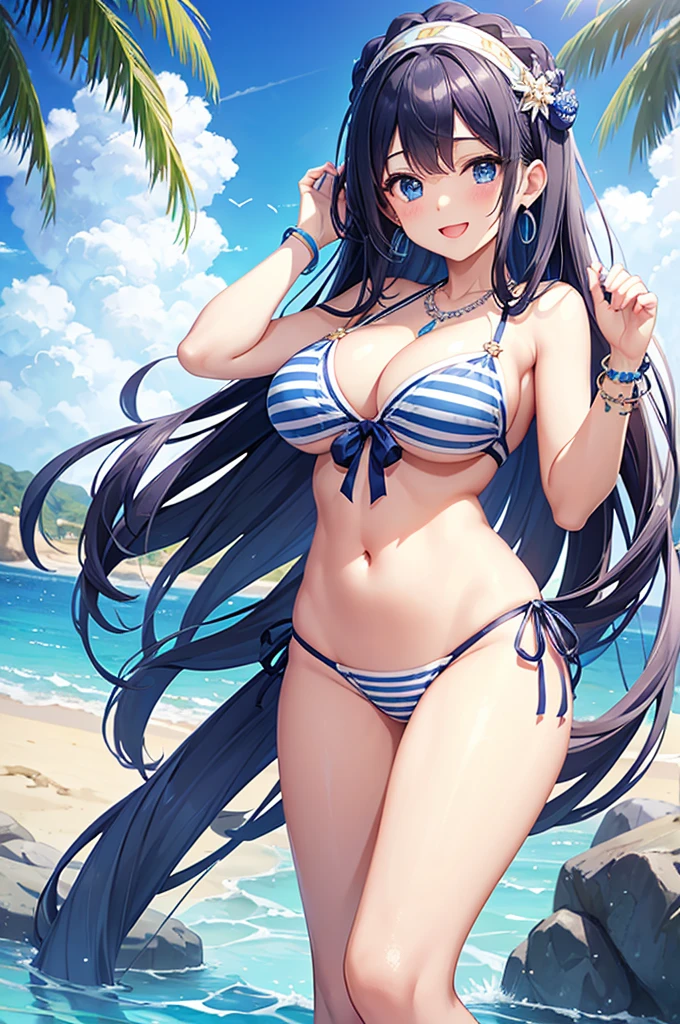 Highest quality、Highest quality、masterpiece、Beauty、Navy blue long hair、blue eyes、Sexy white bikini(Dark striped pattern)、Big cleavage、(Big Breasts),smile、blue necklace、Blue Earrings、background(Beach)、Please open your mouth wide、White headband、bracelet、A dynamic pose