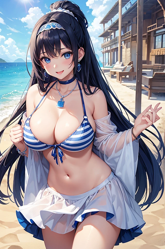 Highest quality、Highest quality、masterpiece、Beauty、Navy blue long hair、blue eyes、Sexy white bikini(Dark striped pattern)、Big cleavage、(Big Breasts),smile、blue necklace、Blue Earrings、background(Beach)、Please open your mouth wide、White headband、bracelet、A dynamic pose