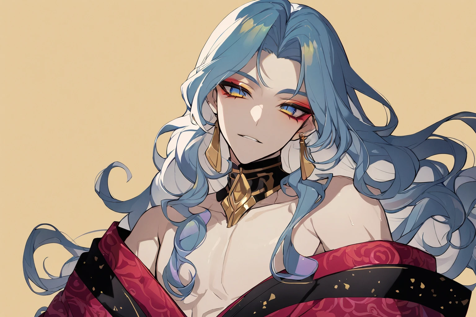 (masterpiece),(highest quality),highres, (extremely detailed), ultrahires, yellow skin, altmer, pretty boy, male, anime guy, male, soft features, dollish eyelashes, portrait, long wavy hair, smoky eyes, egyptian eyeliner, lithe, off-shoulder male kimono, stand collar, richly patterned brocade, ostentatious brocade robes, glamorous, gorgeous, stunning eyes, jewelry, veils, golden skin, dewy skin, bjd, glossy eyelids, vibrant, pointy chin, v shaped jaw, iridescent,